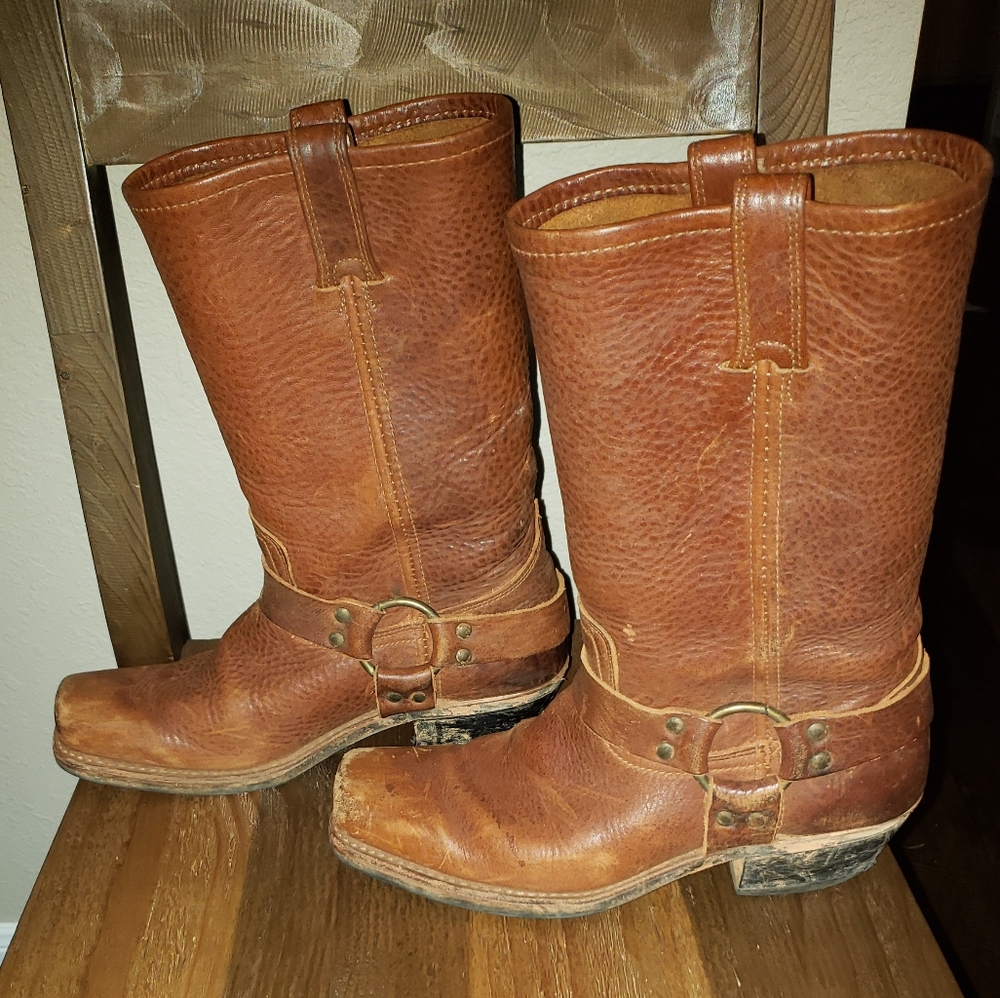 Frye Women's Metal Harness 12" Motorcycle Leather Boots Square Toe Brown